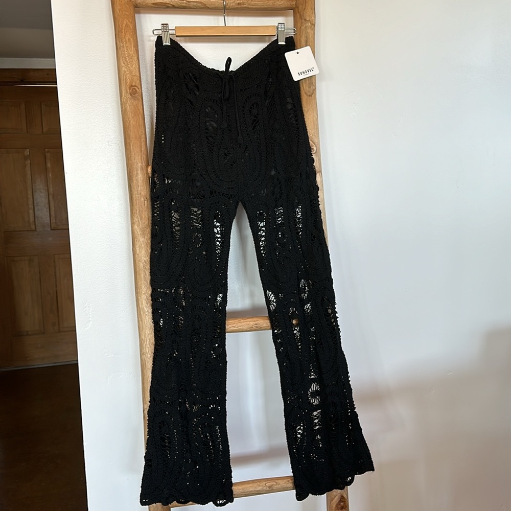 FESTIVAL CROCHET PANTS BLACK🎶NEW. S from italy. Draw string.